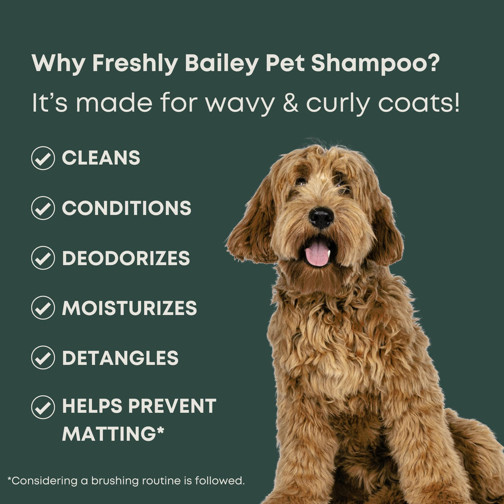 Freshly Bailey Doodle Shampoo label close-up highlights hydrating formula for sensitive skin.