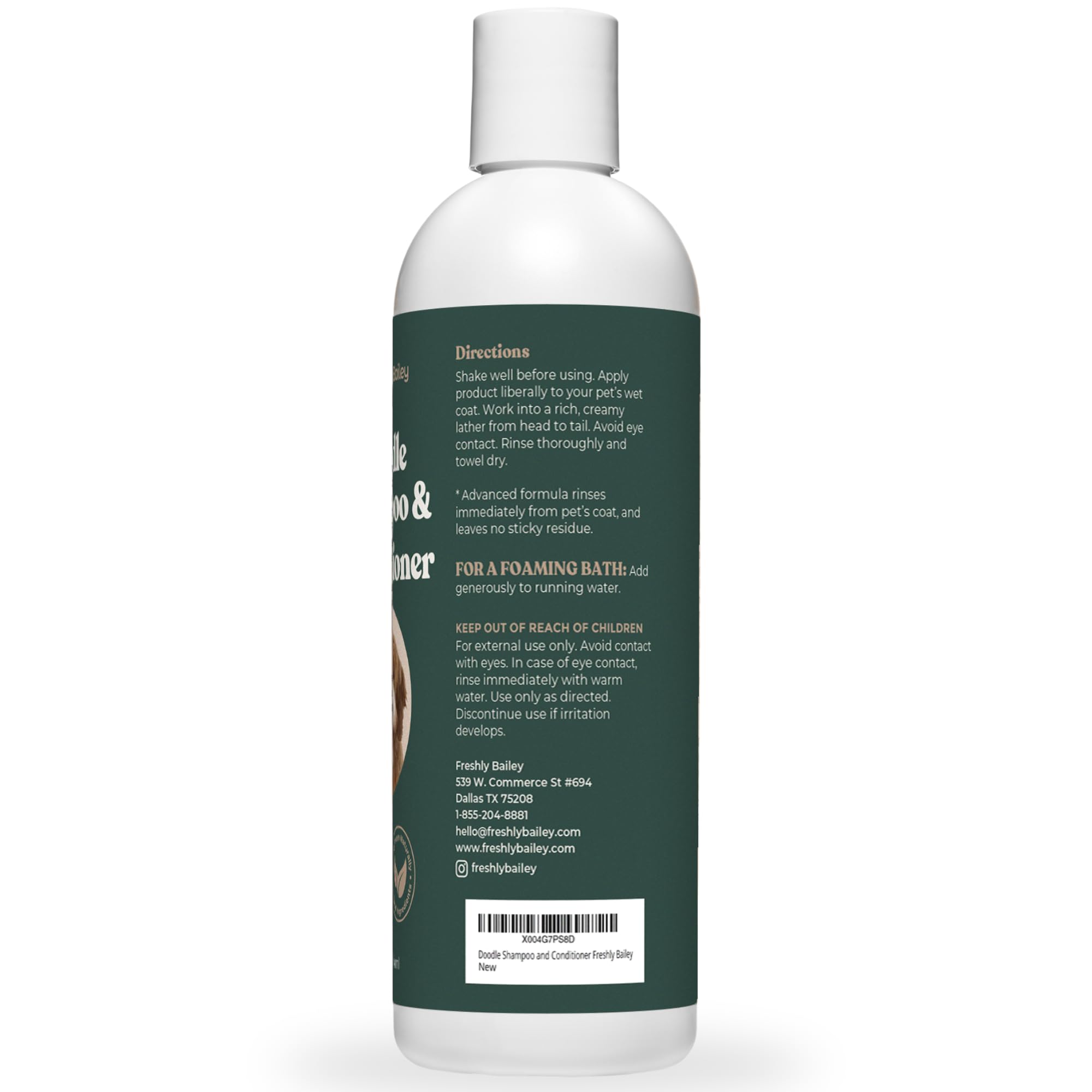 Natural ingredient list on Freshly Bailey Doodle Shampoo packaging emphasizes coconut and aloe.