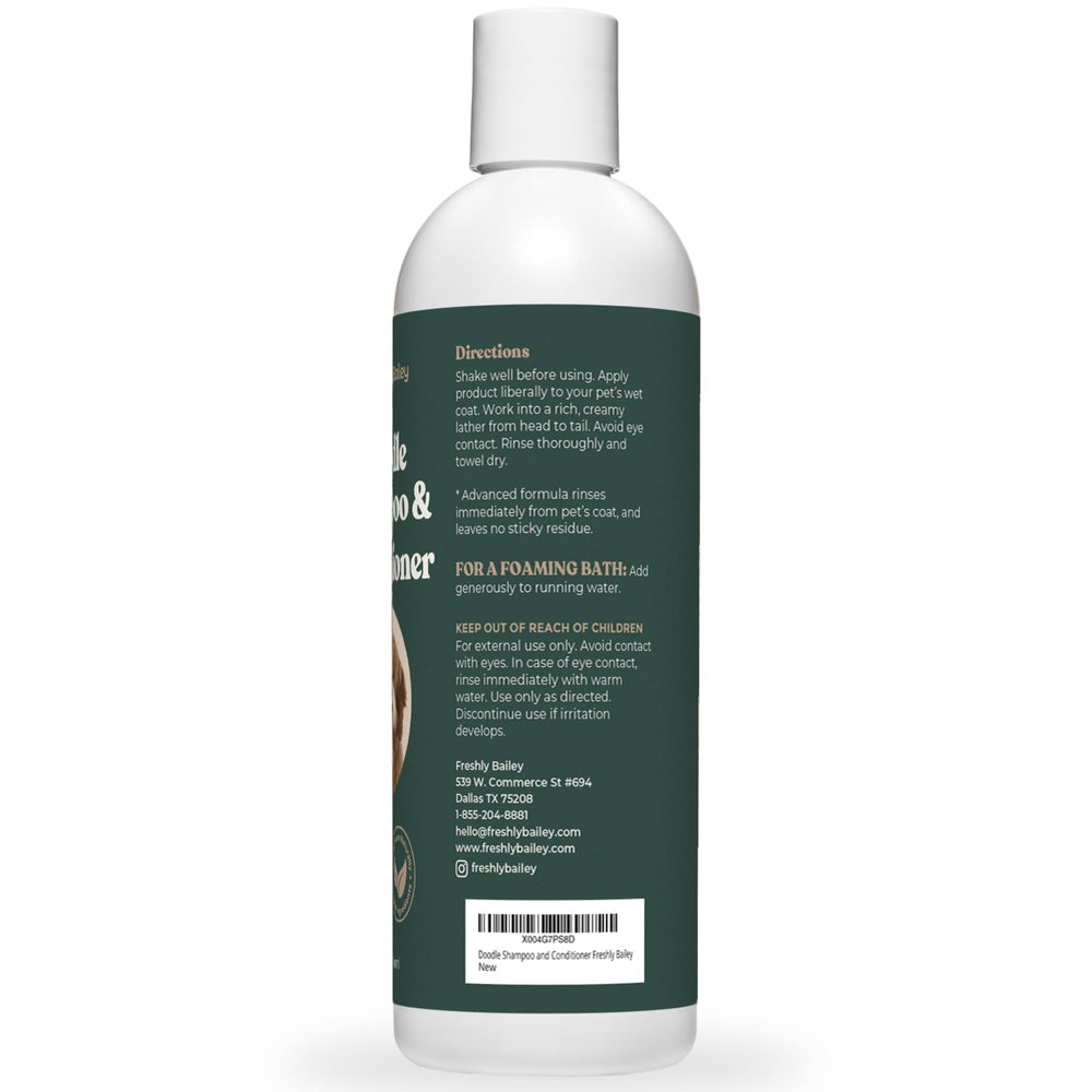 Natural ingredient list on Freshly Bailey Doodle Shampoo packaging emphasizes coconut and aloe.