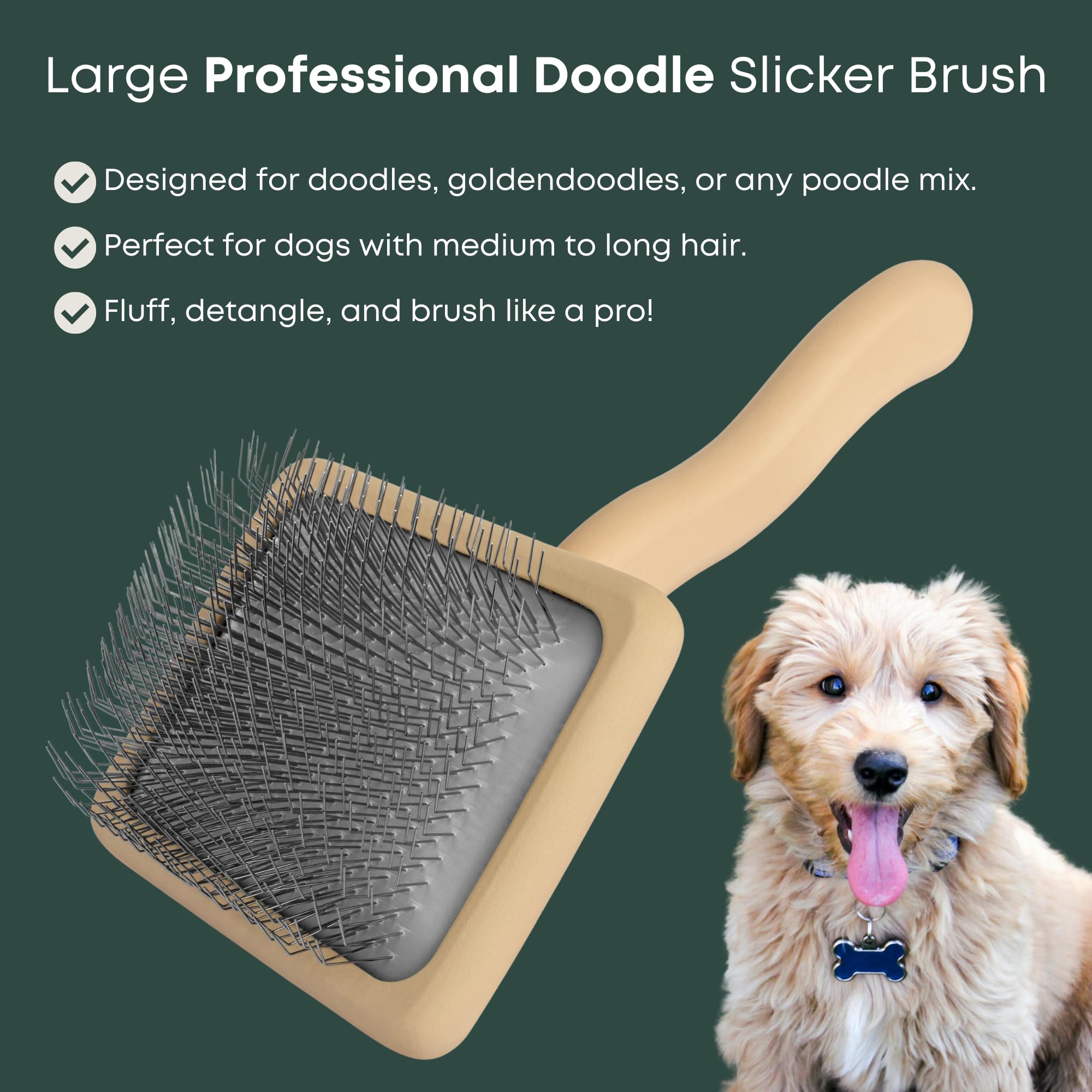 Freshly Bailey Doodle Slicker Brush long pins close-up for deep brushing on medium to long coats.