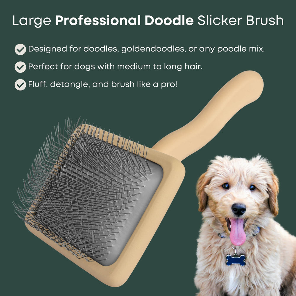 Freshly Bailey Doodle Slicker Brush long pins close-up for deep brushing on medium to long coats.