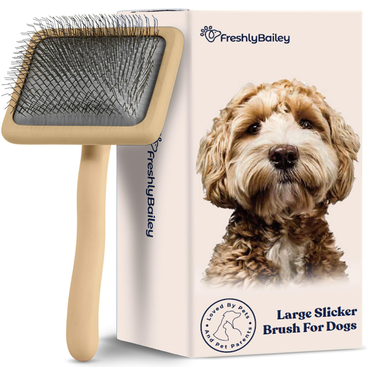 Freshly Bailey Doodle Slicker Brush overview shows detangling and fluff for doodle coats.