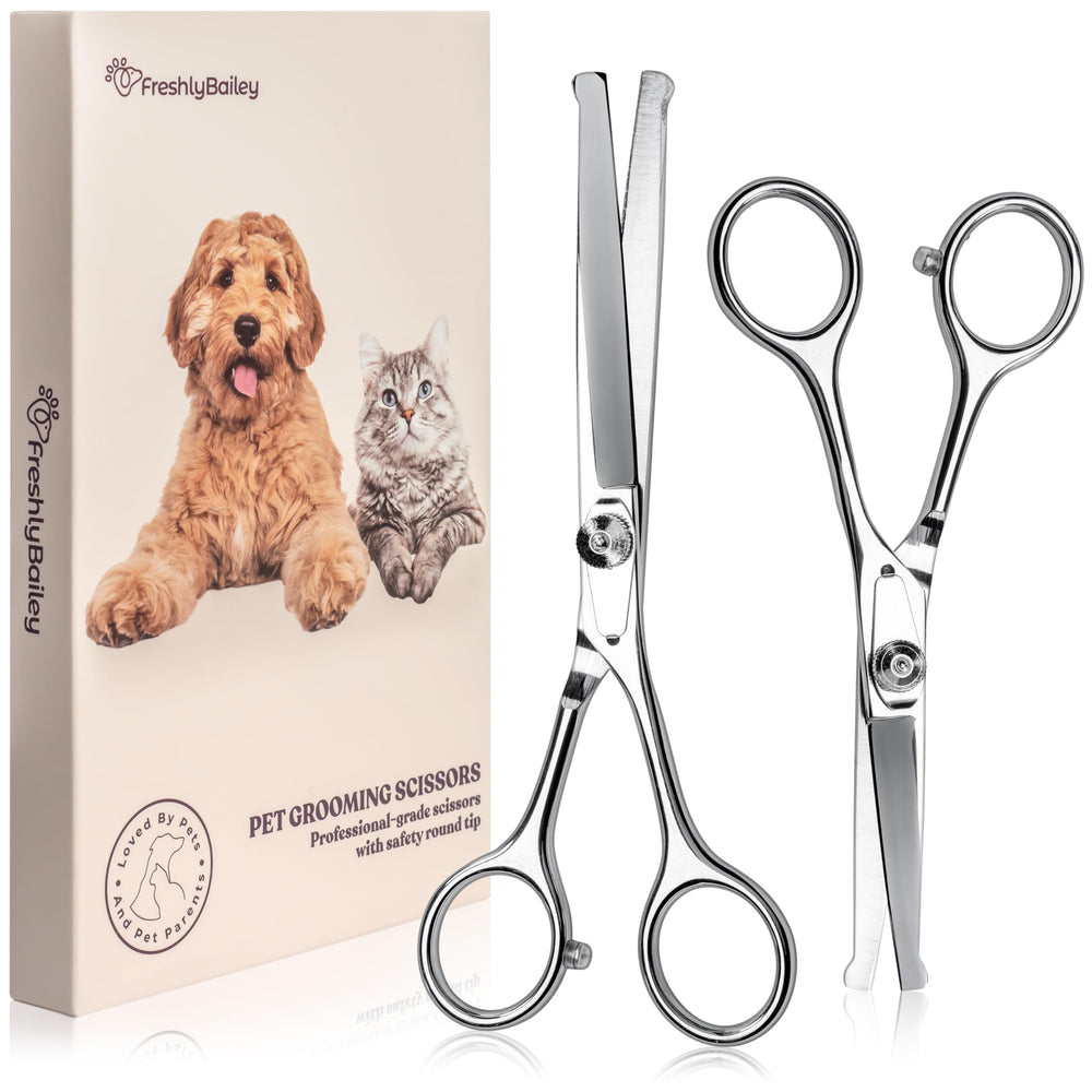 Freshly Bailey grooming scissors set straight tips for precise trims and safe grooming.
