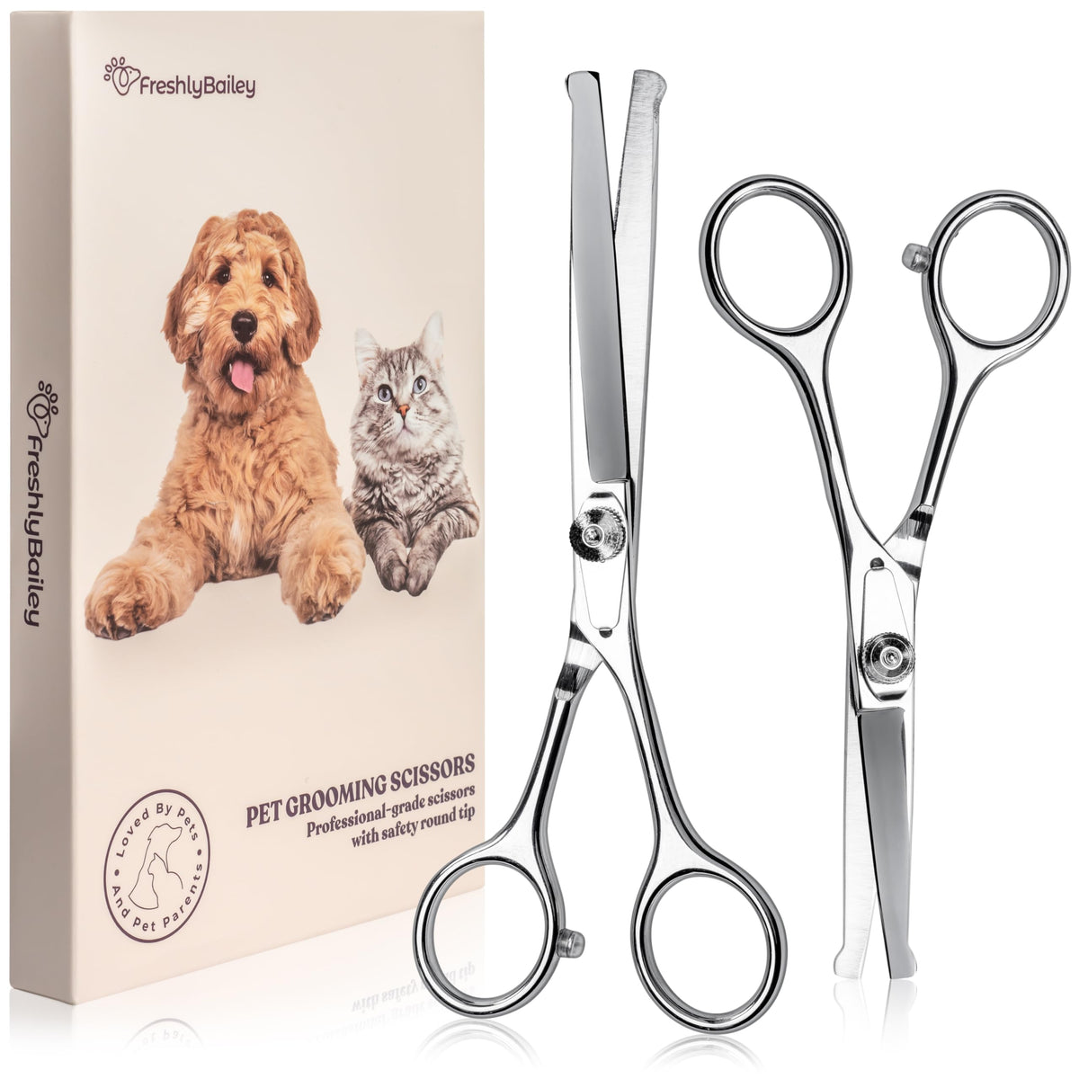 Freshly Bailey grooming scissors set straight tips for precise trims and safe grooming.
