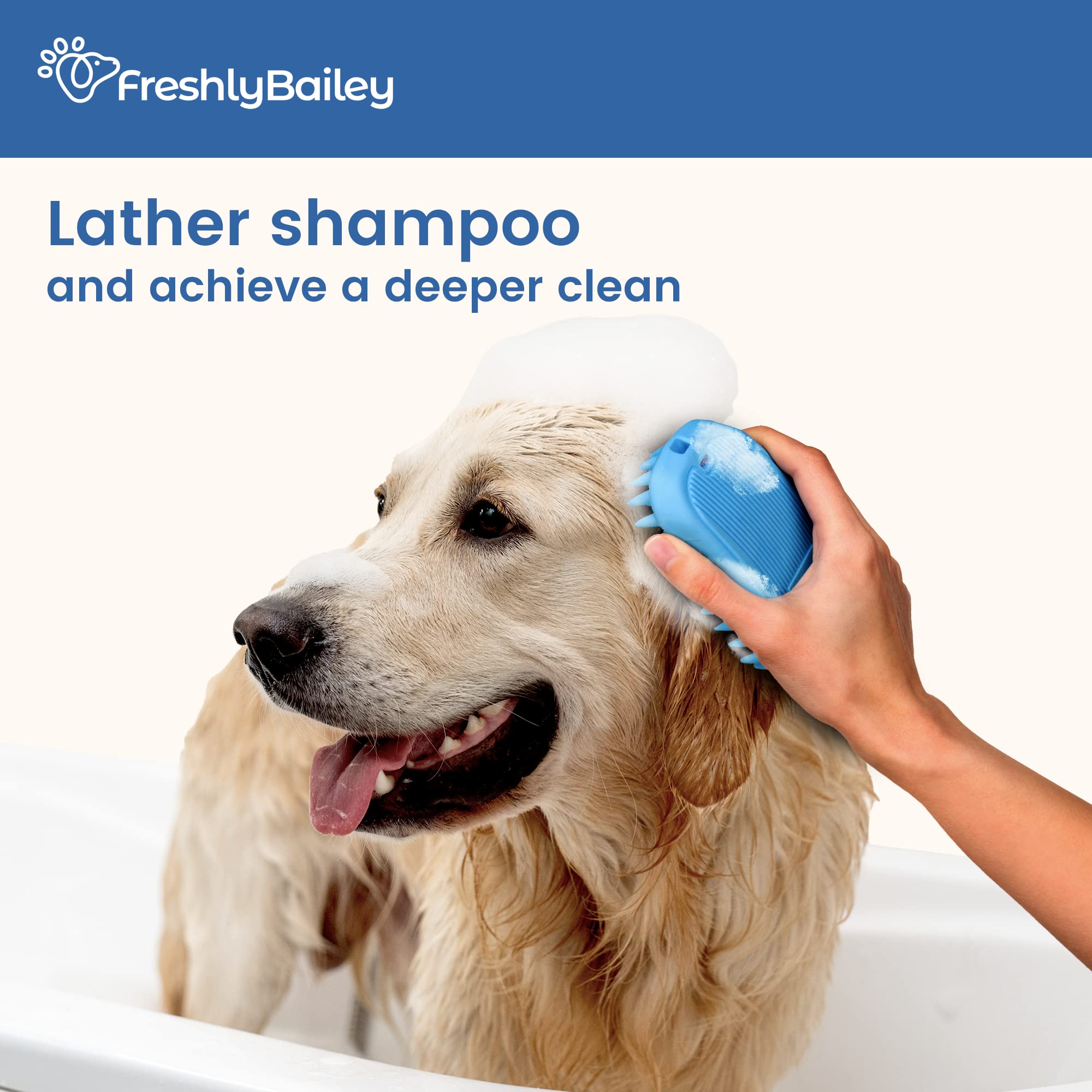 Close-up of Freshly Bailey rubber curry brush tips deshedding a short-haired dog's fur.