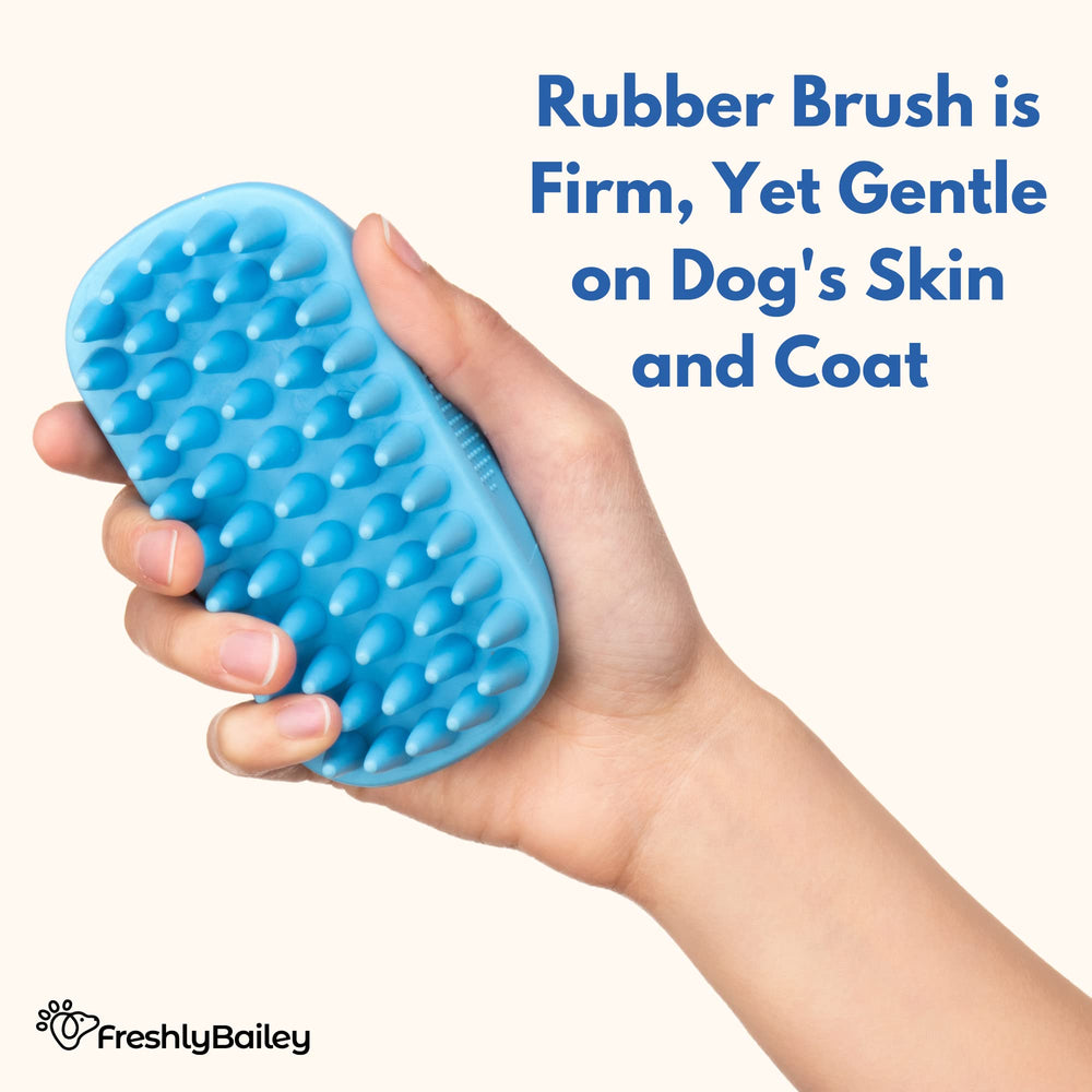 Dry deshedding with Freshly Bailey brush removes loose fur on a short coat.