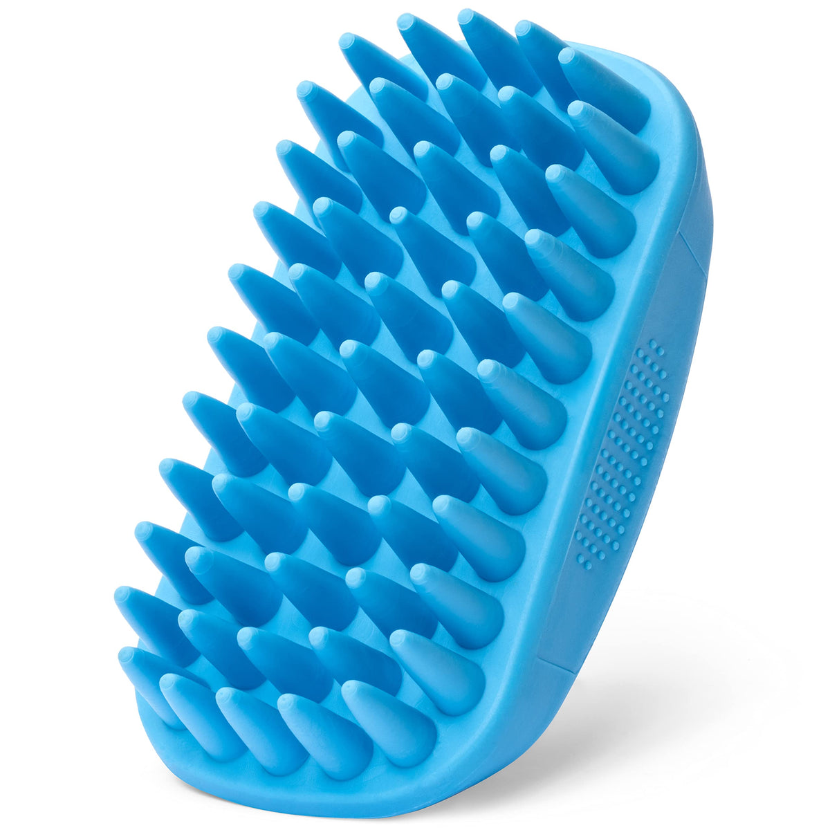 Freshly Bailey rubber curry brush in hand for easy grooming and control.