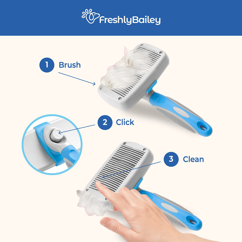 Freshly Bailey self-cleaning slicker brush bristle retract action close-up for easy cleanup.