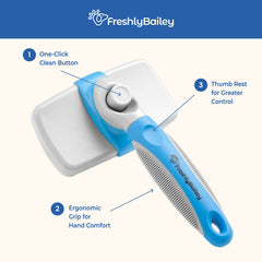 Freshly Bailey self-cleaning slicker brush closeup for dogs and cats, gentle on skin.