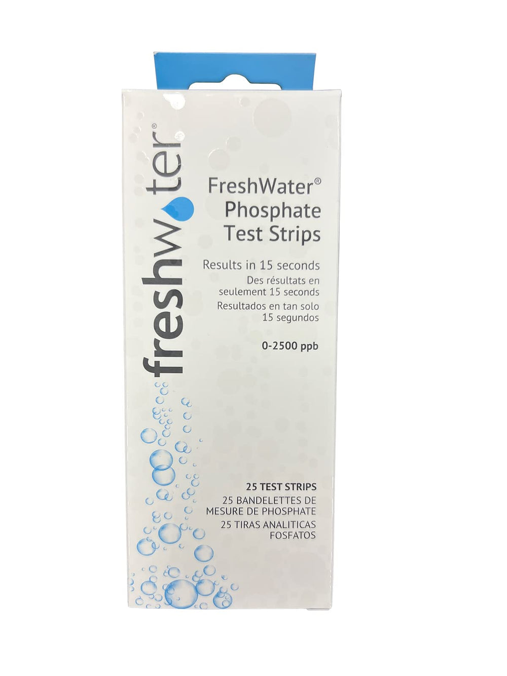 FreshWater phosphate test strips pack close-up for quick water checks and algae risk awareness.