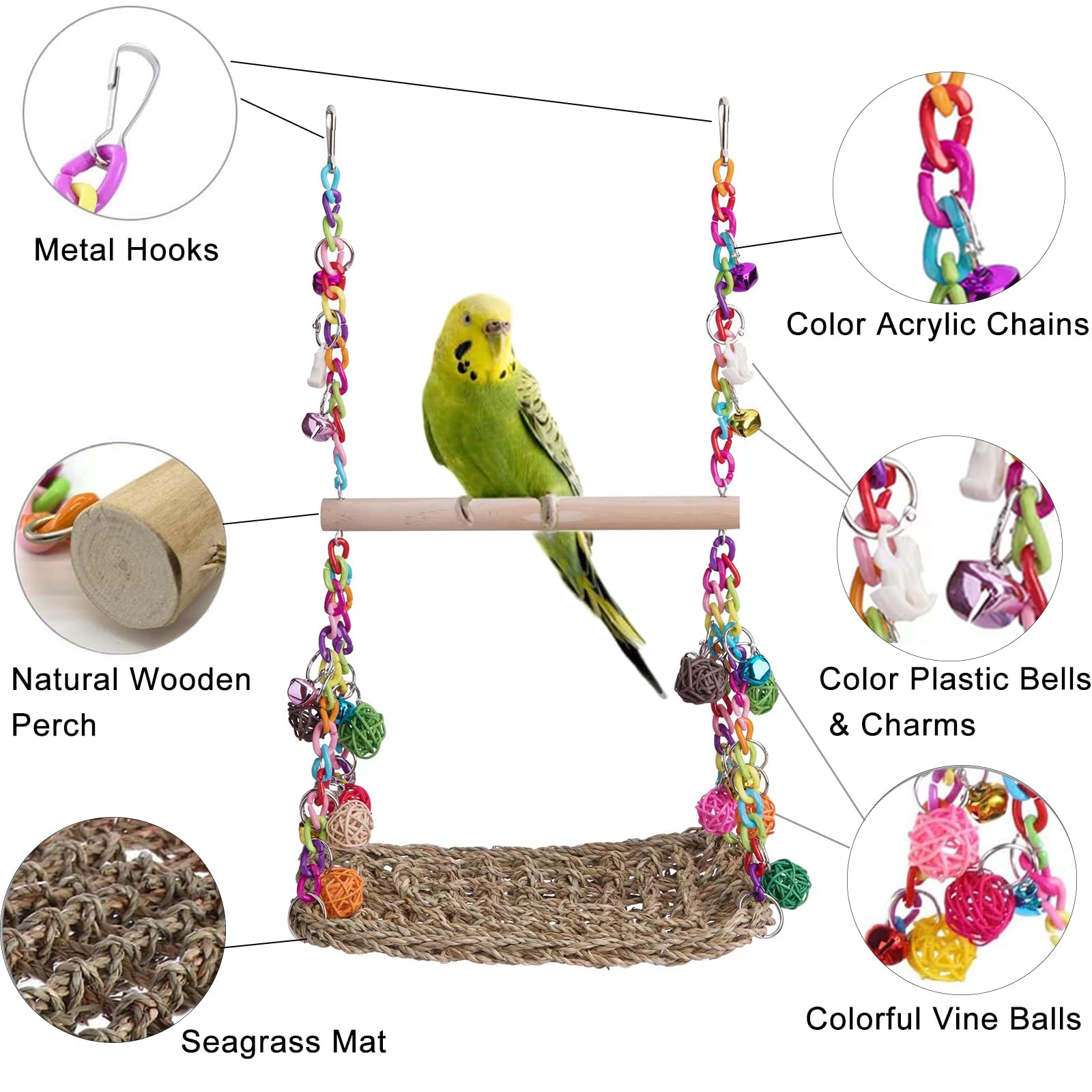 FrgKbTm bird swing size suited for parrots, lovebirds, and conures.