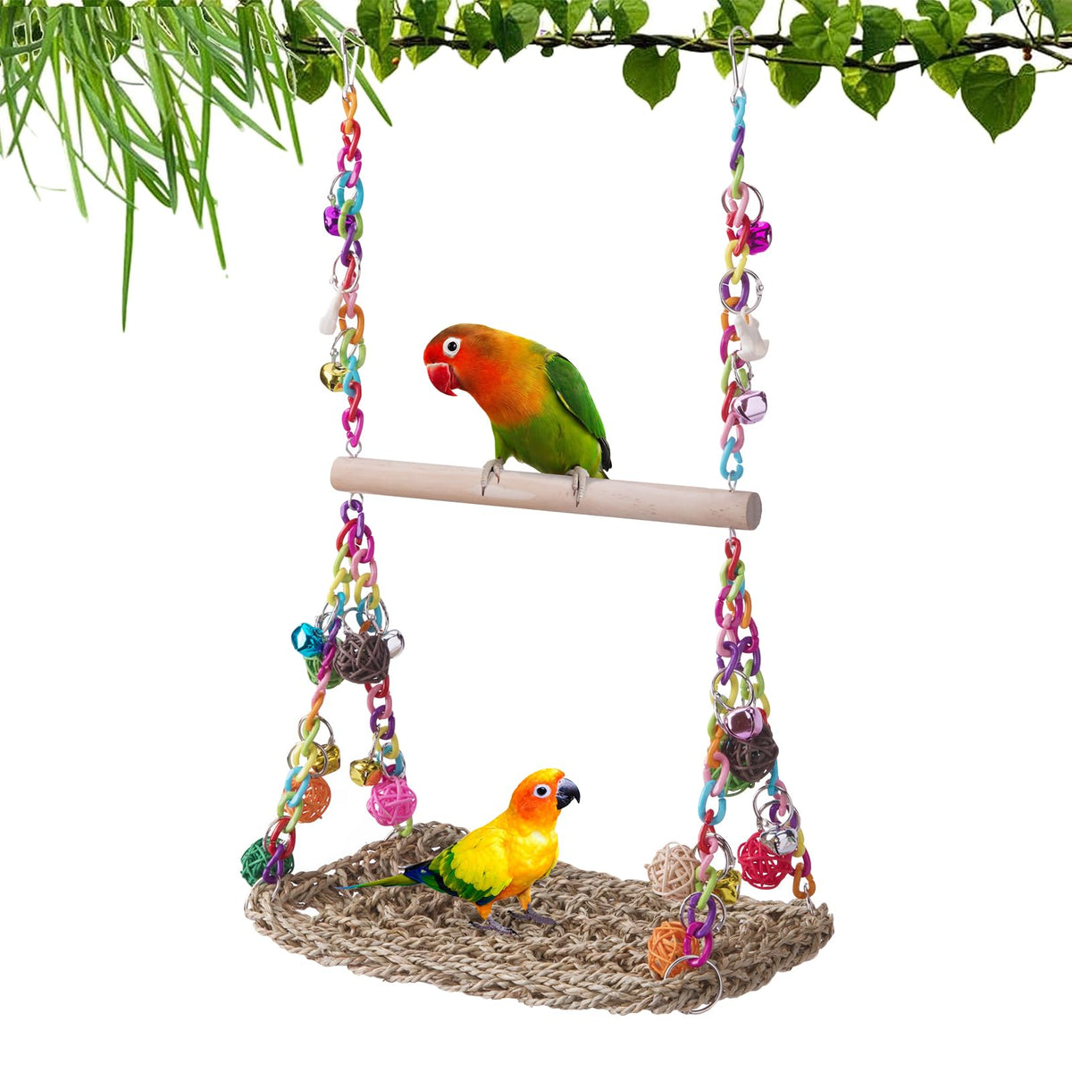FrgKbTm bird swing toy with wood perch offers durable chew-friendly play for small birds.