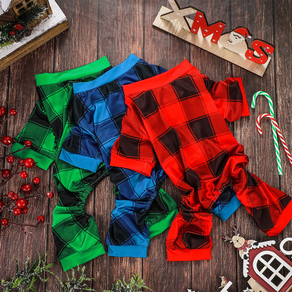 Frienda buffalo plaid pajamas on a small pet during a walk
