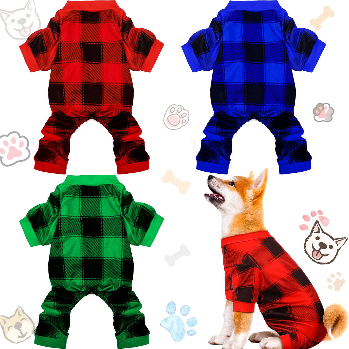 Frienda Christmas dog pajamas 3-piece buffalo plaid set for festive looks