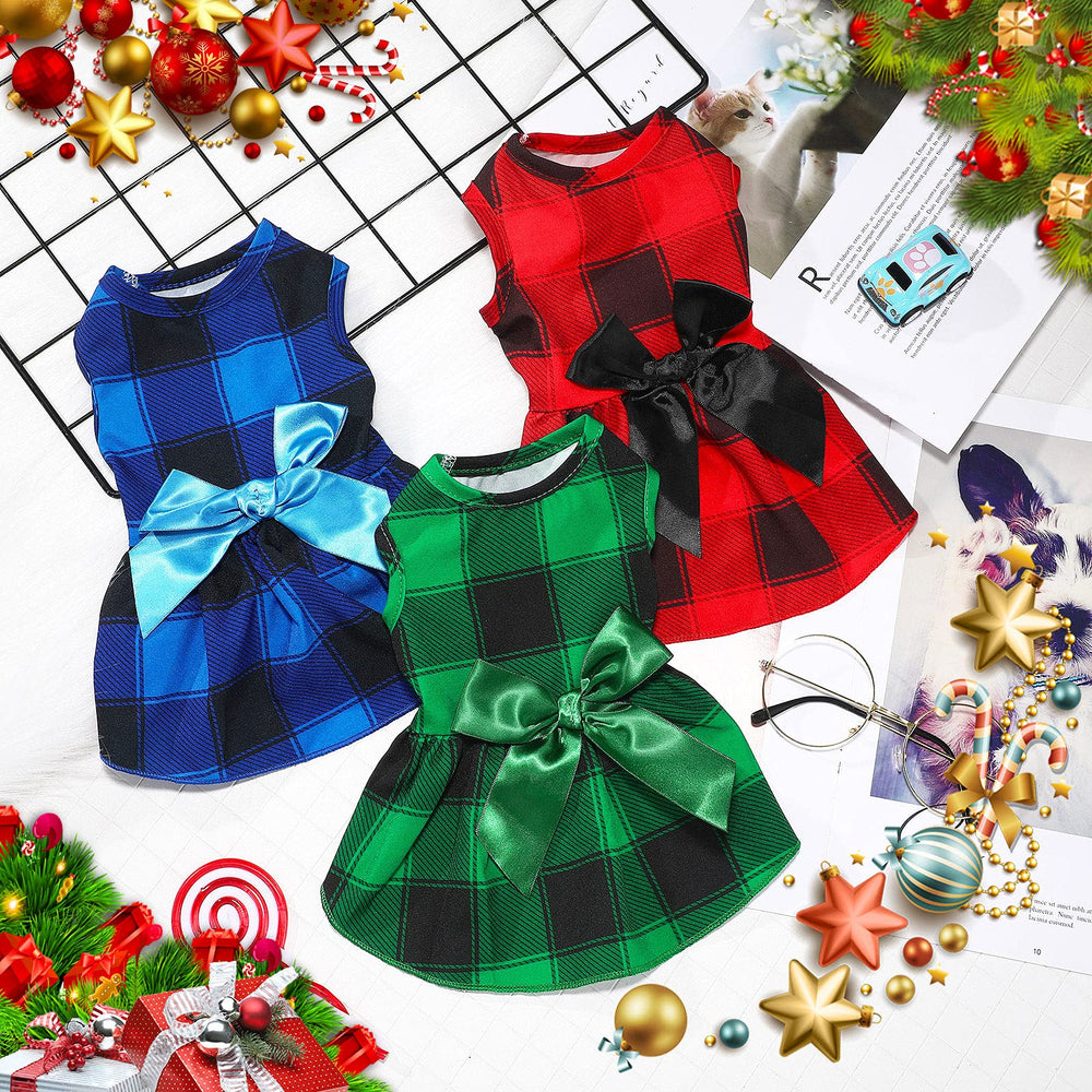 Frienda Christmas plaid puppy dress with blue bowknot — cute princess look