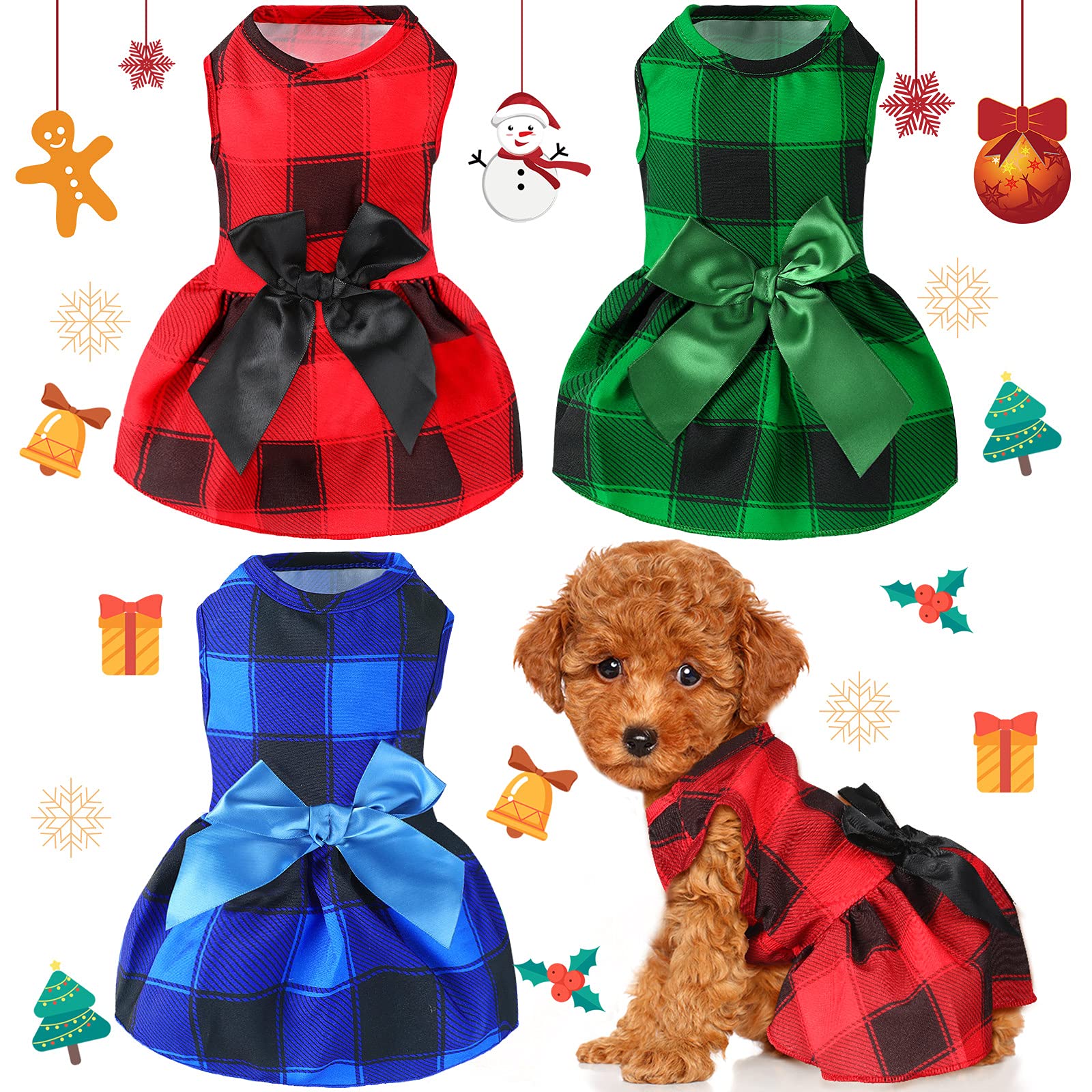 Frienda Christmas plaid puppy dress with red bowknot for small dogs — festive fit