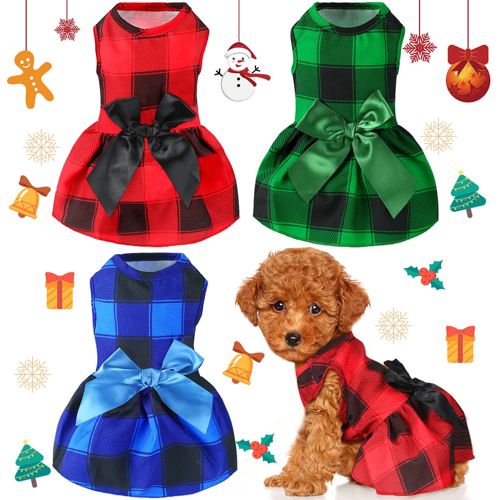 Frienda Christmas plaid puppy dress with red bowknot for small dogs — festive fit