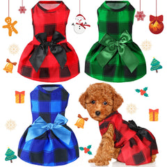 Frienda Christmas plaid puppy dress with red bowknot for small dogs — festive fit