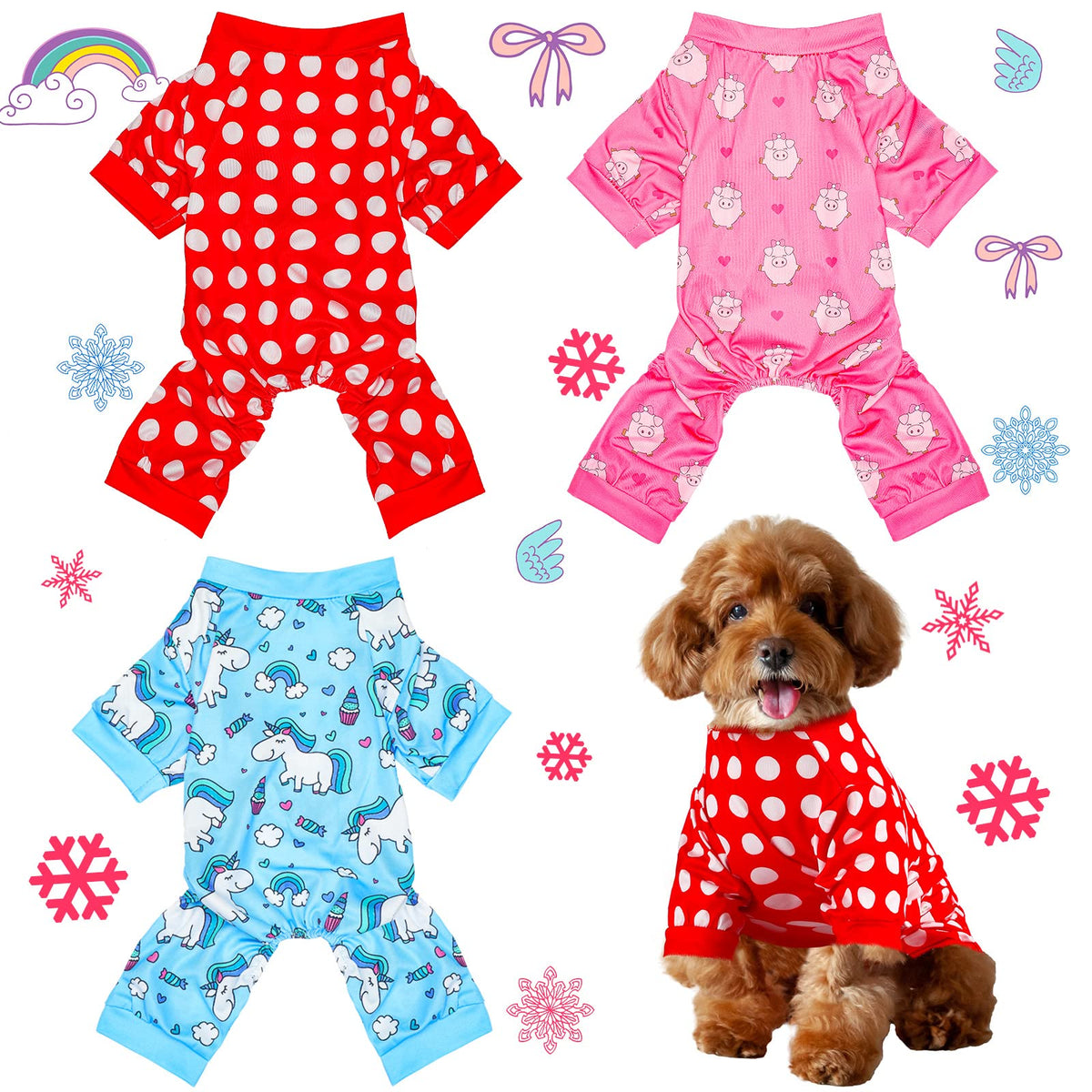 Frienda dog-pajamas pack—three-piece set for easy wardrobe rotation and cozy days.