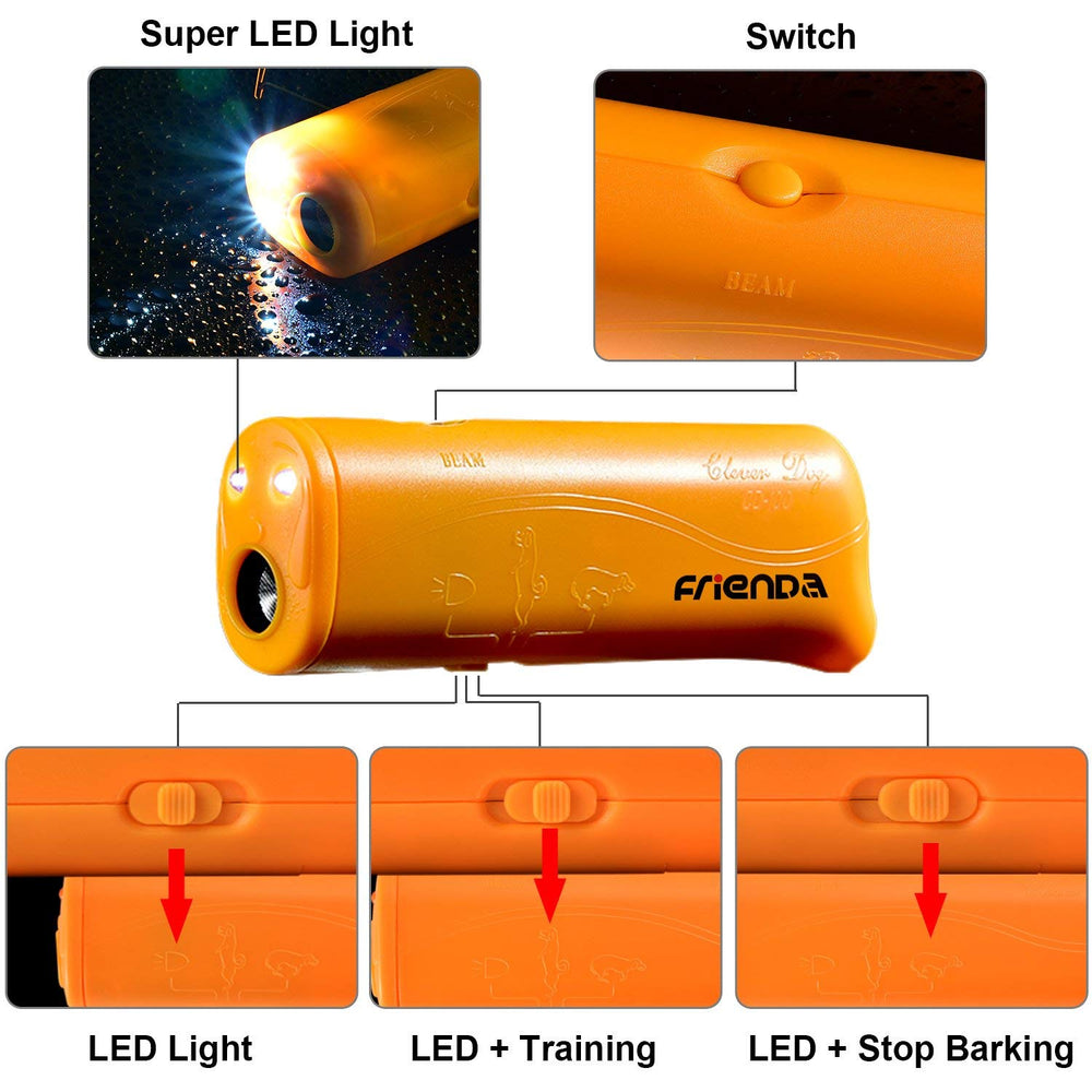 Frienda LED ultrasonic dog trainer handheld size emphasizes portability for jogging or walking sessions.