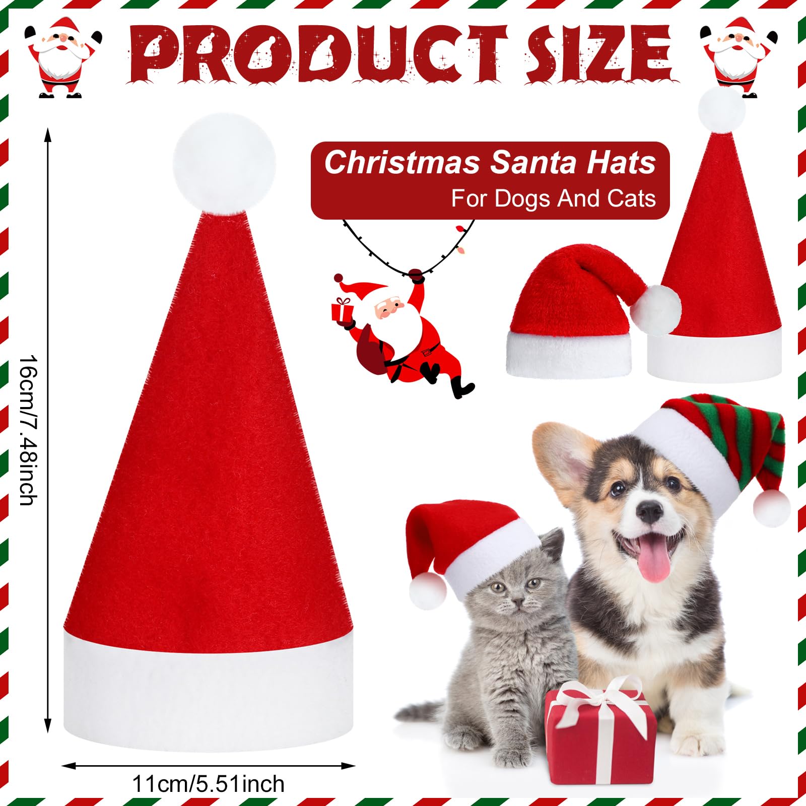 Frienda plush pet hats in red white green mix for holiday outfits.