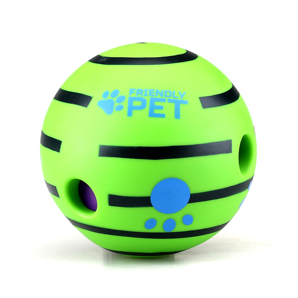 Friendly Pet Wobble Giggle Ball rolling-action image promotes active play for dogs.