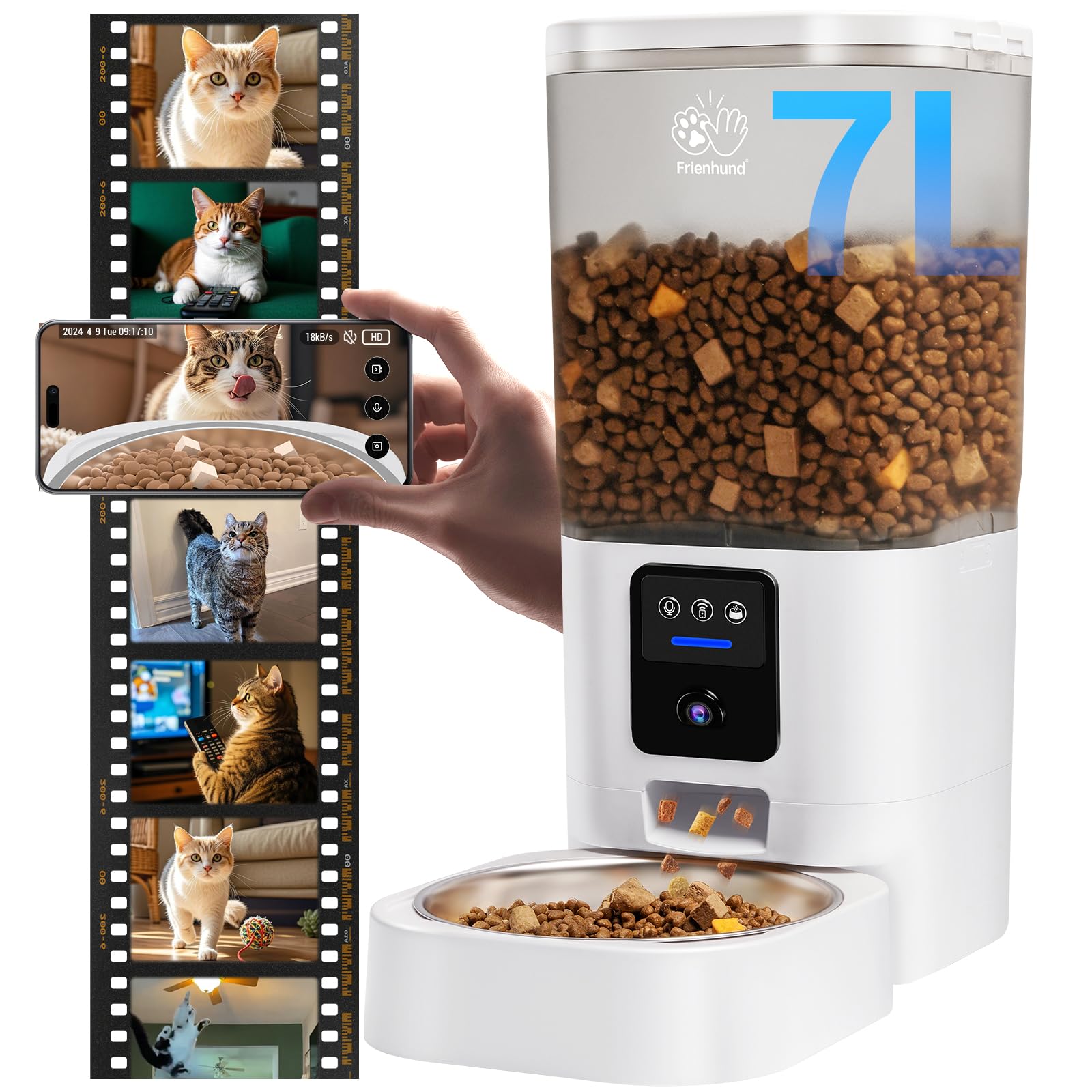 Frienhund automatic feeder front view shows 7L storage for easy feeding