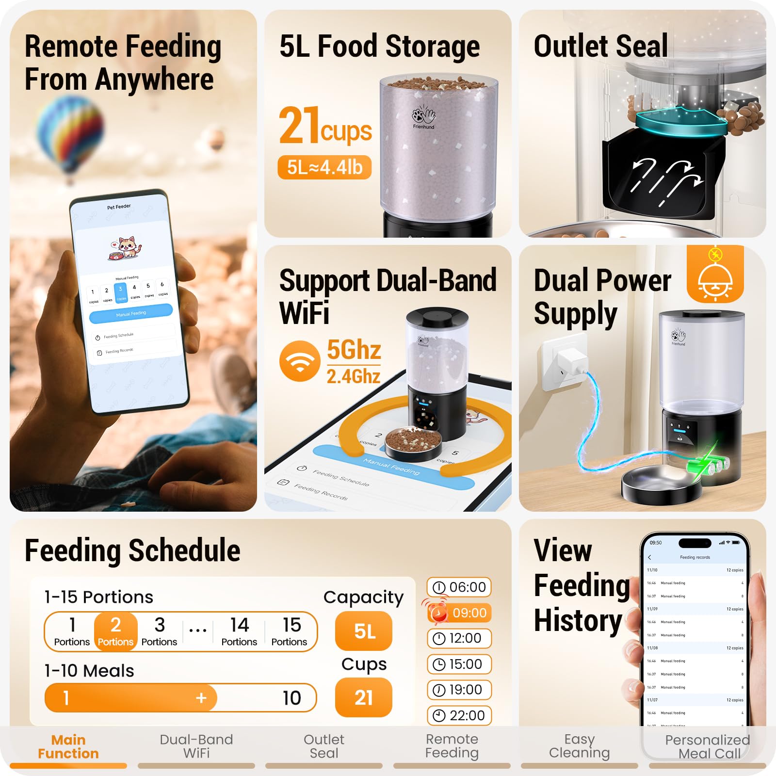 Frienhund cat feeder app control enables remote scheduling and meal reminders.