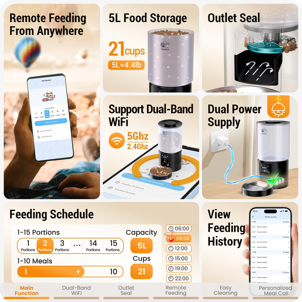 Frienhund cat feeder app control enables remote scheduling and meal reminders.