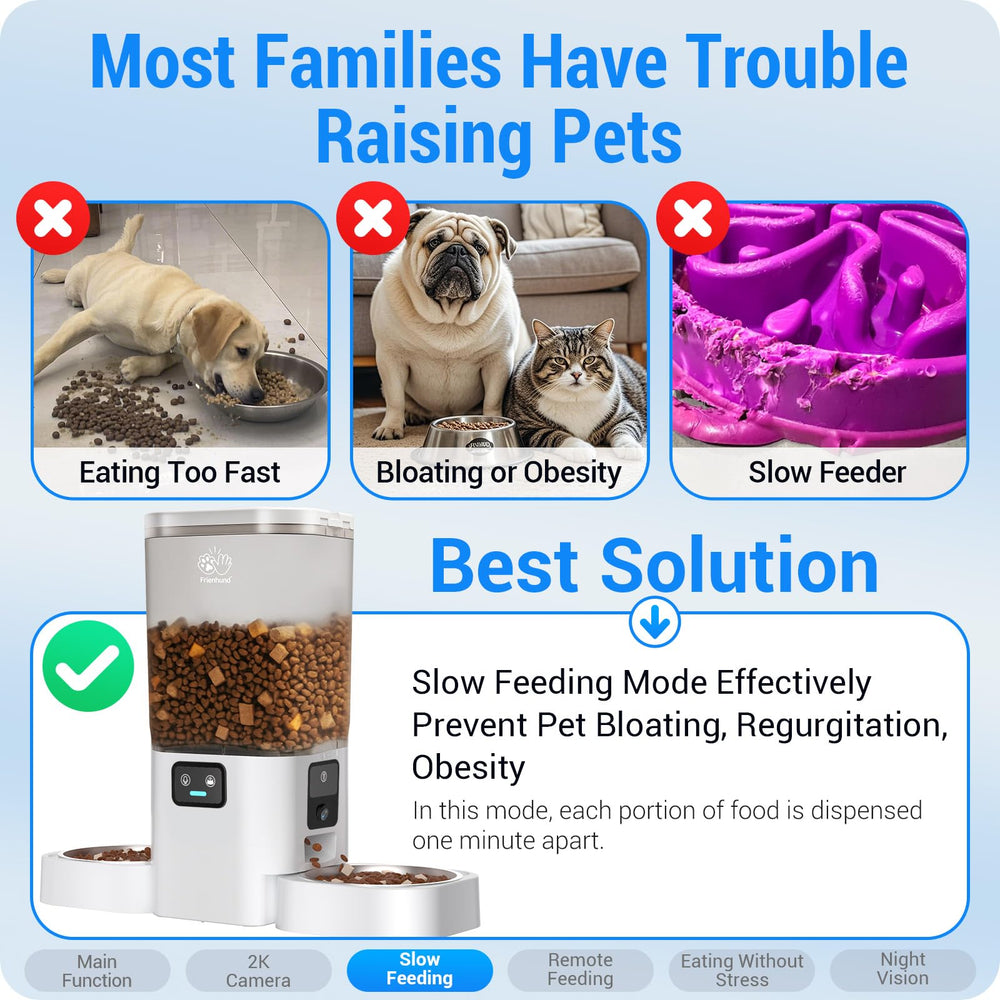 Frienhund separated bowls 18.7 inches apart to reduce pet meal time conflicts.