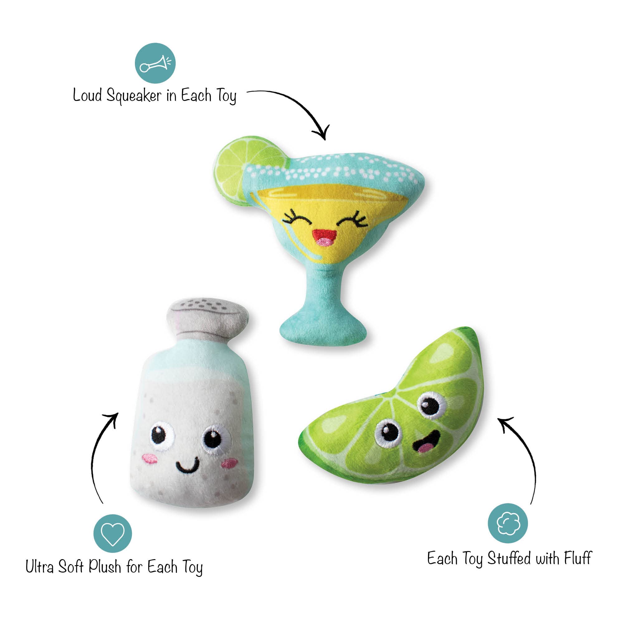 Fringe Studio Margarita Time plush dog toy set, side view, ideal for interactive play with small dogs.