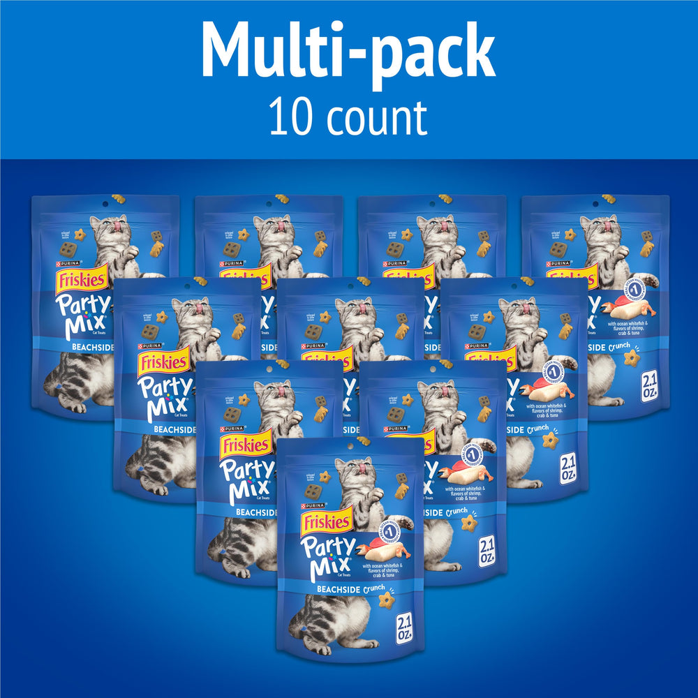 Friskies Beachside Crunch close-up highlights crunchy texture and shrimp, crab, and tuna aroma.