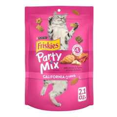 Friskies Party Mix California Crunch chicken pouch open for a quick cat snack.
