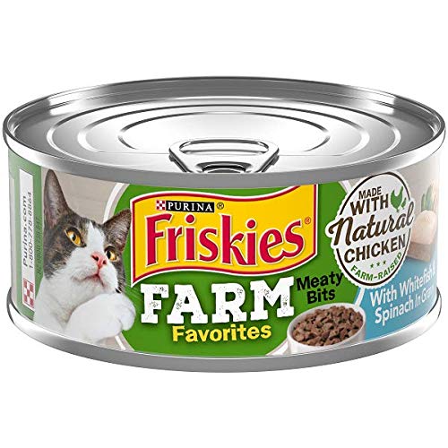Friskies Farm Favorites cans close-up showing meaty bites in gravy for adult cats.