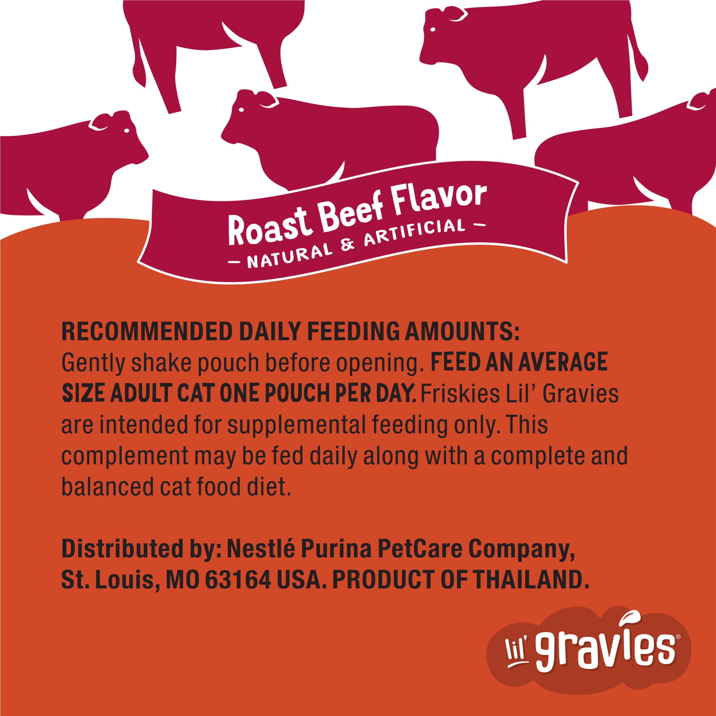 Friskies Lil' Gravies roast beef pouch easy-tear highlights convenient packaging.