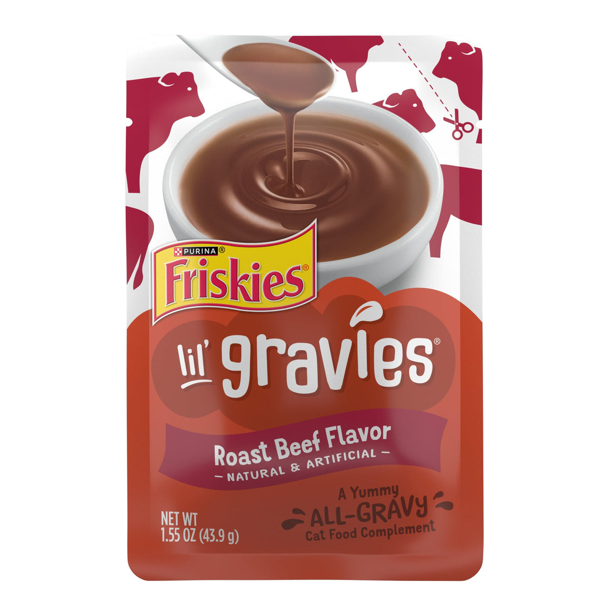 Friskies Lil' Gravies roast beef pouch open shows convenient serving and easy prep.