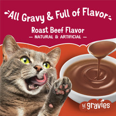 Friskies Lil' Gravies roast beef pouch pour enables quick gravy topping for dry food.