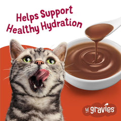 Friskies Lil' Gravies roast beef top­per on dry food adds moisture and flavor.
