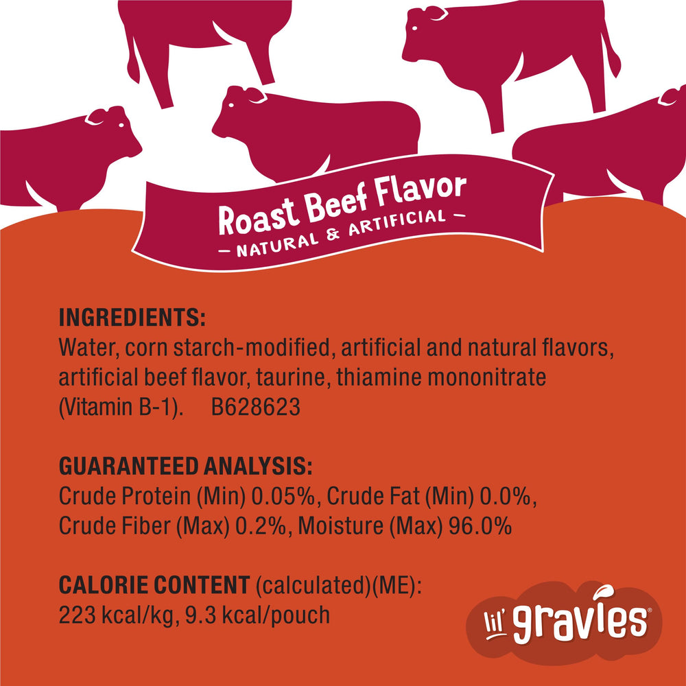 Friskies Lil' Gravies roast beef treat moment delivers savory gravy lickability.