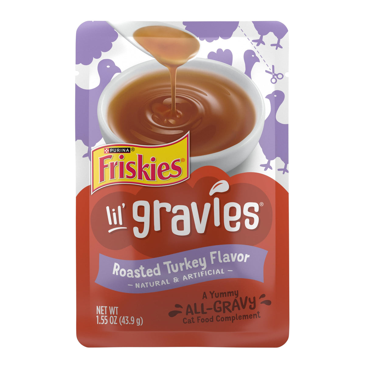 Friskies Lil' Gravies Roasted Turkey Flavor pouch pours gravy to top dry kibble