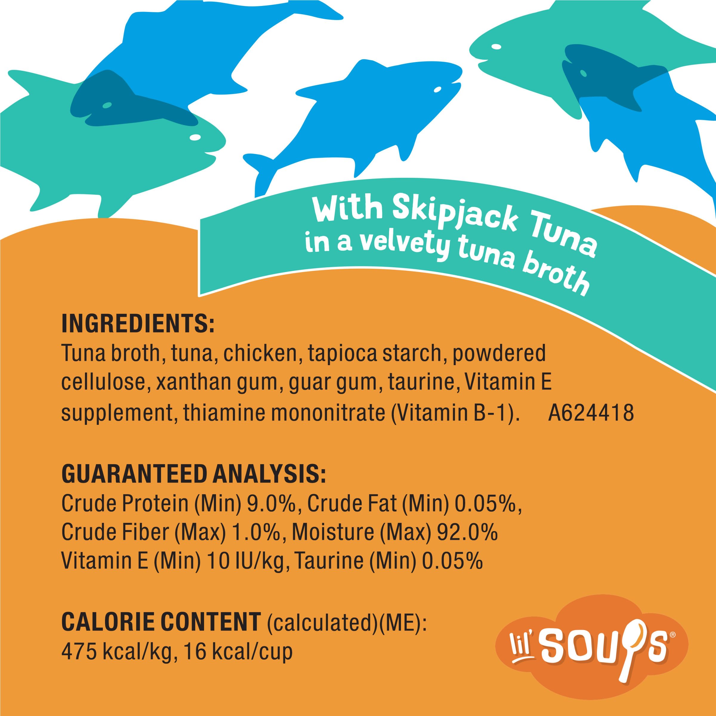 Friskies Lil' Soups grain-free formula label, clear ingredient story.