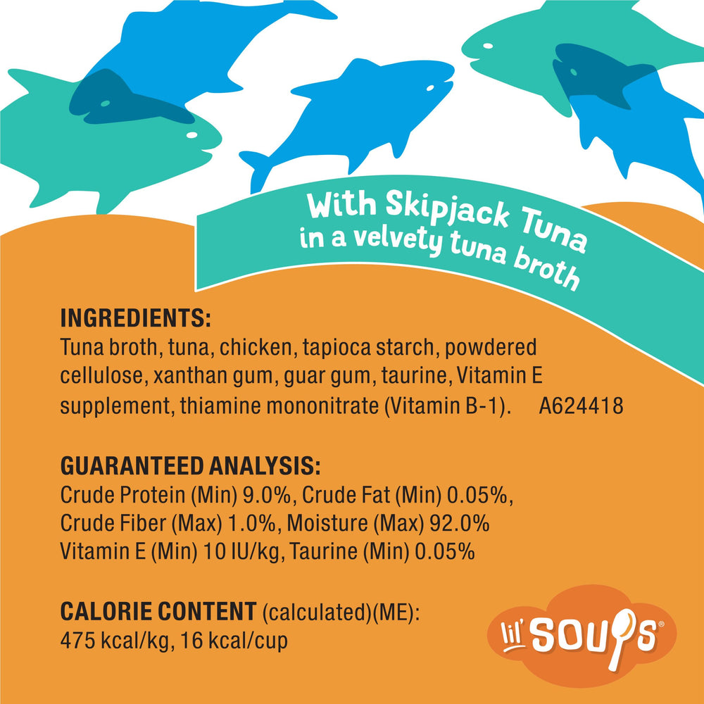 Friskies Lil' Soups grain-free formula label, clear ingredient story.