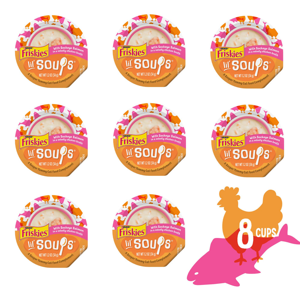 Friskies Lil' Soups real salmon morsels visible for tender bites