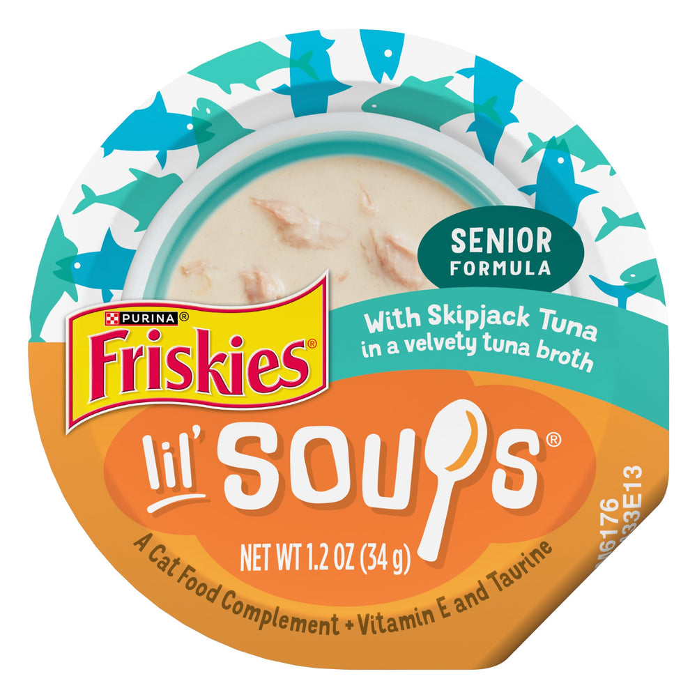 Friskies Lil' Soups skipjack tuna cup velvety broth, enticing senior-cat snack.