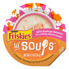 Friskies Lil' Soups sockeye salmon in broth cup visuals show a savory flavor boost