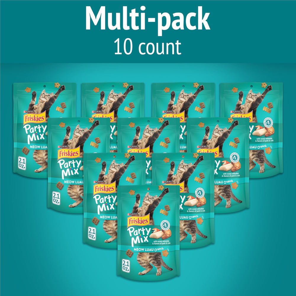 Friskies Meow Luau Crunch bite-sized pieces in a bowl support easy handling and quick tasting.