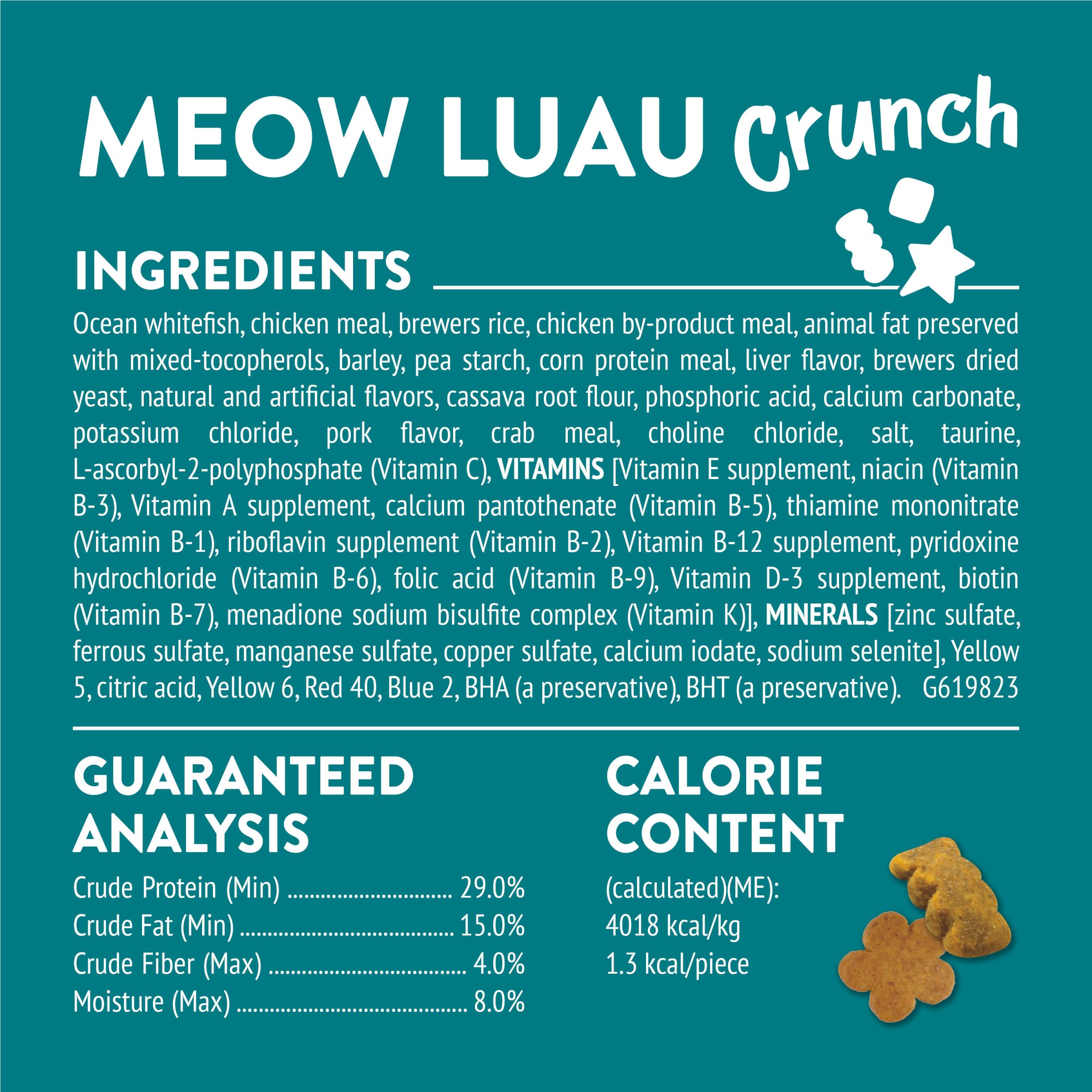 Friskies Meow Luau Crunch shows ocean whitefish as the first ingredient for aroma and flavor.