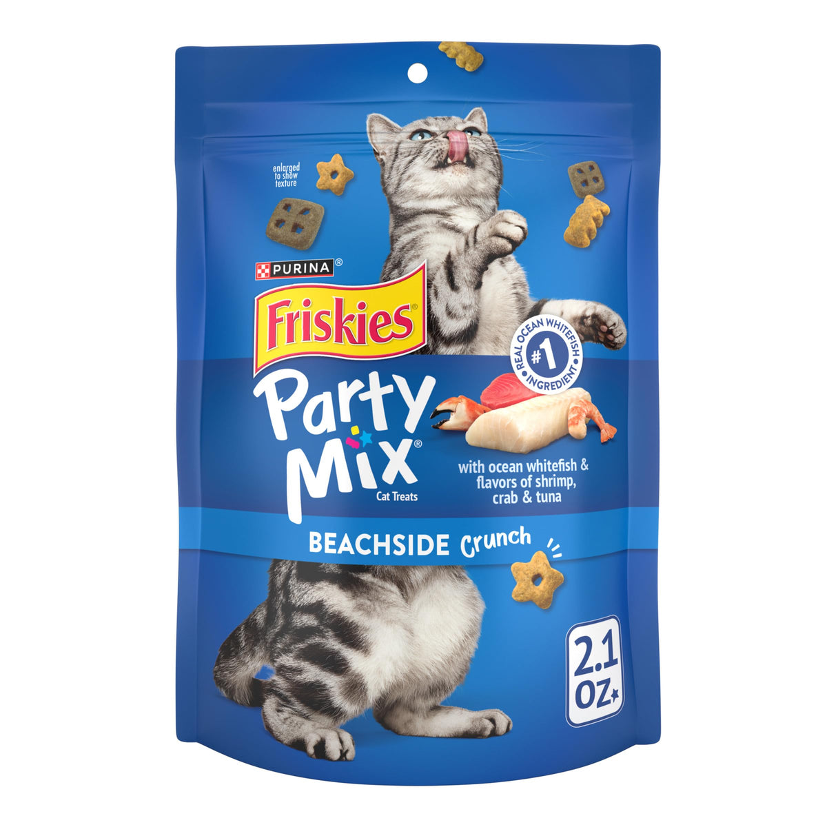 Friskies Party Mix Beachside Crunch bag shows real ocean whitefish and seafood flavors for cats.