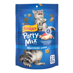 Friskies Party Mix Beachside Crunch bag shows real ocean whitefish and seafood flavors for cats.