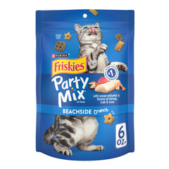 Friskies Beachside Crunch treats in a bowl showing seafood flavors for cats.